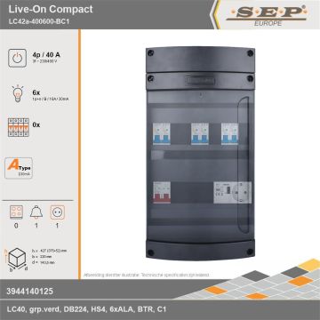 SEP Europe - Live-On Compact, LC42a-400600-BC1, 40A, 3-fase groepenkast, 6-lichtgroepen, 1-beltrafo,  1V-contactdoos, technische gegevens