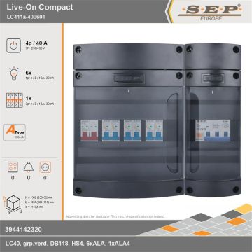 SEP Europe - Live-On Compact, LC411a-400601, 40A, 3-fase groepenkast, 6-lichtgroepen, 1-krachtgroepen, technische gegevens