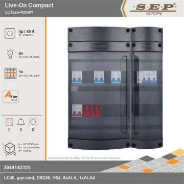 SEP Europe - Live-On Compact, LC422a-400601, 40A, 3-fase groepenkast, 6-lichtgroepen, 1-krachtgroepen, technische gegevens