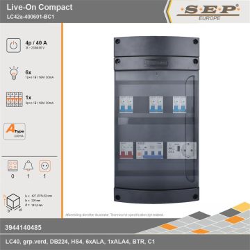 SEP Europe - Live-On Compact, LC42a-400601-BC1, 40A, 3-fase groepenkast, 6-lichtgroepen, 1-krachtgroepen, 1-beltrafo,  1V-contactdoos, technische gegevens