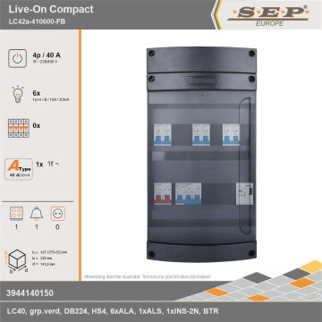 SEP Europe - Live-On Compact, LC42a-410600-FB, 40A, 3-fase groepenkast, 6-lichtgroepen, 1-fornuisgroep, 1-beltrafo, technische gegevens