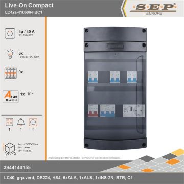 SEP Europe - Live-On Compact, LC42a-410600-FBC1, 40A, 3-fase groepenkast, 6-lichtgroepen, 1-fornuisgroep, 1-beltrafo,  1V-contactdoos, technische gegevens