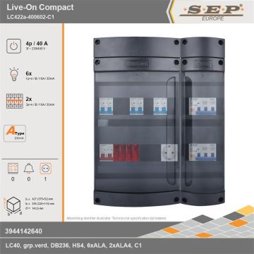 SEP Europe - Live-On Compact, LC422a-400602-C1, 40A, 3-fase groepenkast, 6-lichtgroepen, 2-krachtgroepen,  1V-contactdoos, technische gegevens