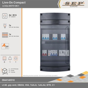 SEP Europe - Live-On Compact, LC42a-400701-BC1, 40A, 3-fase groepenkast, 7-lichtgroepen, 1-krachtgroepen, 1-beltrafo,  1V-contactdoos, technische gegevens