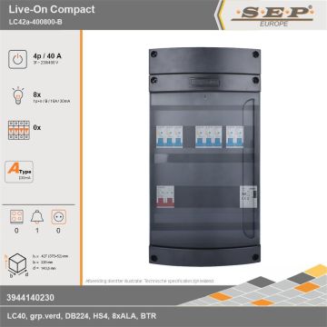SEP Europe - Live-On Compact, LC42a-400800-B, 40A, 3-fase groepenkast, 8-lichtgroepen, 1-beltrafo, technische gegevens