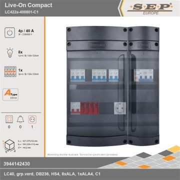 SEP Europe - Live-On Compact, LC422a-400801-C1, 40A, 3-fase groepenkast, 8-lichtgroepen, 1-krachtgroepen,  1V-contactdoos, technische gegevens
