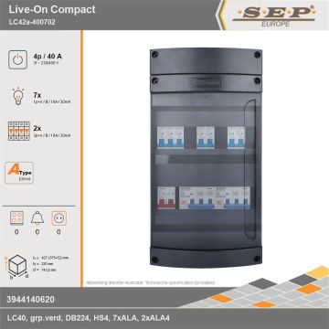 SEP Europe - Live-On Compact, LC42a-400702, 40A, 3-fase groepenkast, 7-lichtgroepen, 2-krachtgroepen, technische gegevens