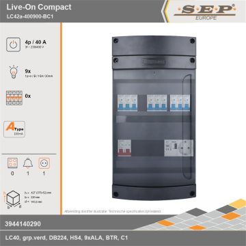 SEP Europe - Live-On Compact, LC42a-400900-BC1, 40A, 3-fase groepenkast, 9-lichtgroepen, 1-beltrafo,  1V-contactdoos, technische gegevens
