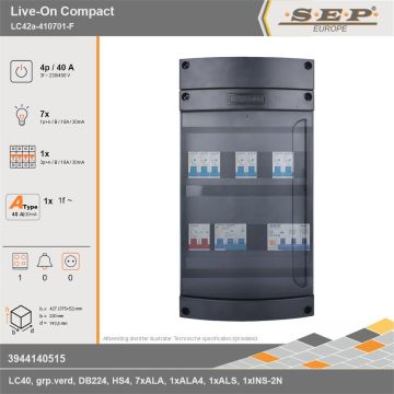 SEP Europe - Live-On Compact, LC42a-410701-F, 40A, 3-fase groepenkast, 7-lichtgroepen, 1-krachtgroepen, 1-fornuisgroep, technische gegevens