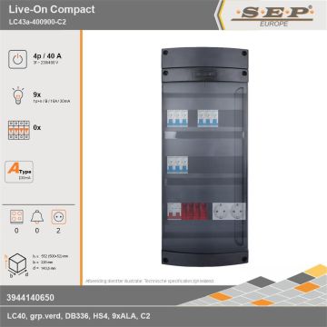 SEP Europe - Live-On Compact, LC43a-400900-C2, 40A, 3-fase groepenkast, 9-lichtgroepen,  2V-contactdoos, technische gegevens