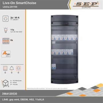 SEP Europe - Live-On SmartChoise, LS43a-201100, 40A, 1-fase groepenkast, 11-lichtgroepen, technische gegevens