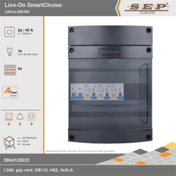 SEP Europe - Live-On SmartChoise, LS41a-200300, 40A, 1-fase groepenkast, 3-lichtgroepen, technische gegevens
