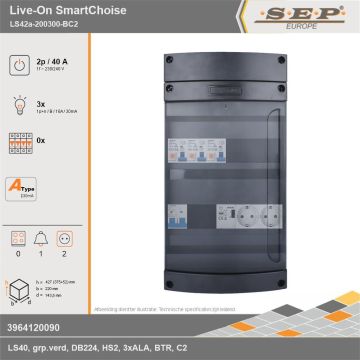 SEP Europe - Live-On SmartChoise, LS42a-200300-BC2, 40A, 1-fase groepenkast, 3-lichtgroepen, 1-beltrafo,  2V-contactdoos, technische gegevens