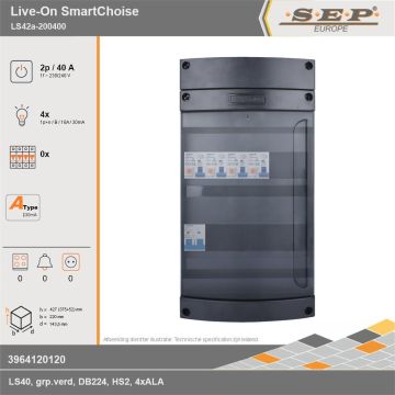 SEP Europe - Live-On SmartChoise, LS42a-200400, 40A, 1-fase groepenkast, 4-lichtgroepen, technische gegevens