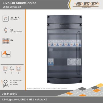 SEP Europe - Live-On SmartChoise, LS42a-200600-C2, 40A, 1-fase groepenkast, 6-lichtgroepen,  2V-contactdoos, technische gegevens