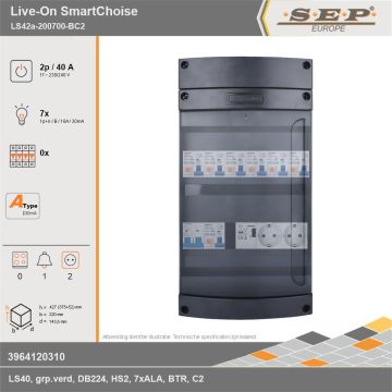 SEP Europe - Live-On SmartChoise, LS42a-200700-BC2, 40A, 1-fase groepenkast, 7-lichtgroepen, 1-beltrafo,  2V-contactdoos, technische gegevens