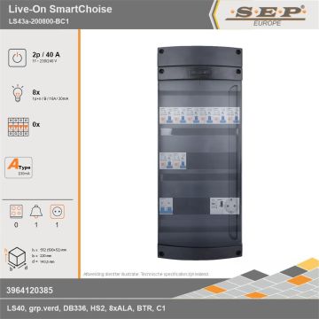 SEP Europe - Live-On SmartChoise, LS43a-200800-BC1, 40A, 1-fase groepenkast, 8-lichtgroepen, 1-beltrafo,  1V-contactdoos, technische gegevens