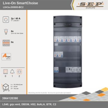 SEP Europe - Live-On SmartChoise, LS43a-200800-BC2, 40A, 1-fase groepenkast, 8-lichtgroepen, 1-beltrafo,  2V-contactdoos, technische gegevens