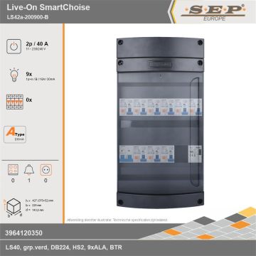 SEP Europe - Live-On SmartChoise, LS42a-200900-B, 40A, 1-fase groepenkast, 9-lichtgroepen, 1-beltrafo, technische gegevens