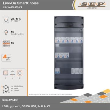 SEP Europe - Live-On SmartChoise, LS43a-200900-C2, 40A, 1-fase groepenkast, 9-lichtgroepen,  2V-contactdoos, technische gegevens