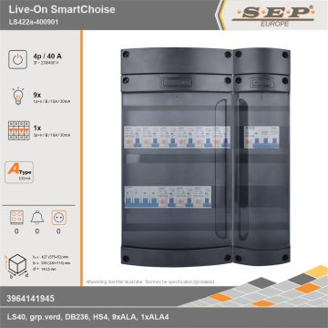 SEP Europe - Live-On SmartChoise, LS422a-400901, 40A, 3-fase groepenkast, 9-lichtgroepen, 1-krachtgroepen, technische gegevens
