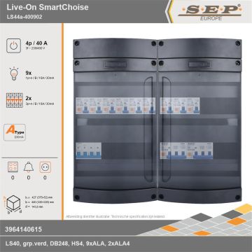 SEP Europe - Live-On SmartChoise, LS44a-400902, 40A, 3-fase groepenkast, 9-lichtgroepen, 2-krachtgroepen, technische gegevens