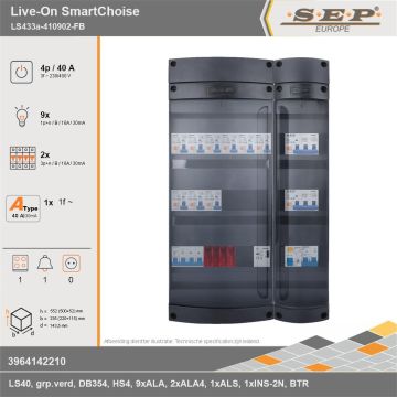 SEP Europe - Live-On SmartChoise, LS433a-410902-FB, 40A, 3-fase groepenkast, 9-lichtgroepen, 2-krachtgroepen, 1-fornuisgroep, 1-beltrafo, technische gegevens