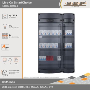SEP Europe - Live-On SmartChoise, LS433a-401102-B, 40A, 3-fase groepenkast, 11-lichtgroepen, 2-krachtgroepen, 1-beltrafo, technische gegevens
