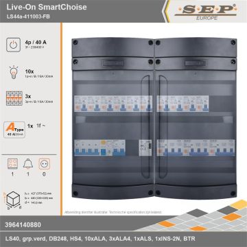 SEP Europe - Live-On SmartChoise, LS44a-411003-FB, 40A, 3-fase groepenkast, 10-lichtgroepen, 3-krachtgroepen, 1-fornuisgroep, 1-beltrafo, technische gegevens