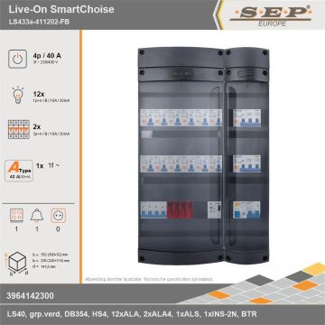 SEP Europe - Live-On SmartChoise, LS433a-411202-FB, 40A, 3-fase groepenkast, 12-lichtgroepen, 2-krachtgroepen, 1-fornuisgroep, 1-beltrafo, technische gegevens