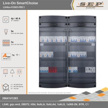 SEP Europe - Live-On SmartChoise, LS46a-410905-FBC1, 40A, 3-fase groepenkast, 9-lichtgroepen, 5-krachtgroepen, 1-fornuisgroep, 1-beltrafo,  1V-contactdoos, technische gegevens