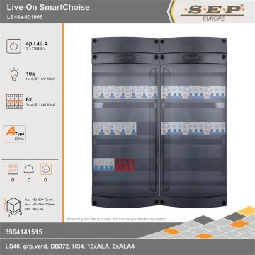 SEP Europe - Live-On SmartChoise, LS46a-401006, 40A, 3-fase groepenkast, 10-lichtgroepen, 6-krachtgroepen, technische gegevens