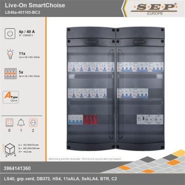 SEP Europe - Live-On SmartChoise, LS46a-401105-BC2, 40A, 3-fase groepenkast, 11-lichtgroepen, 5-krachtgroepen, 1-beltrafo,  2V-contactdoos, technische gegevens