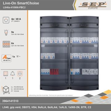 SEP Europe - Live-On SmartChoise, LS46a-410906-FBC2, 40A, 3-fase groepenkast, 9-lichtgroepen, 6-krachtgroepen, 1-fornuisgroep, 1-beltrafo,  2V-contactdoos, technische gegevens