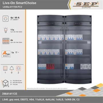 SEP Europe - Live-On SmartChoise, LS46a-411104-FC2, 40A, 3-fase groepenkast, 11-lichtgroepen, 4-krachtgroepen, 1-fornuisgroep,  2V-contactdoos, technische gegevens