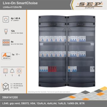 SEP Europe - Live-On SmartChoise, LS46a-411204-FB, 40A, 3-fase groepenkast, 12-lichtgroepen, 4-krachtgroepen, 1-fornuisgroep, 1-beltrafo, technische gegevens