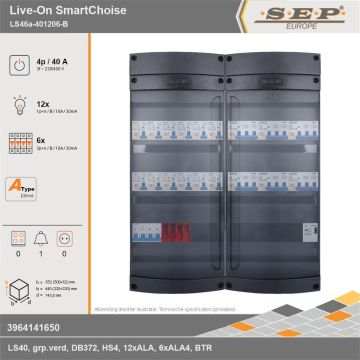 SEP Europe - Live-On SmartChoise, LS46a-401206-B, 40A, 3-fase groepenkast, 12-lichtgroepen, 6-krachtgroepen, 1-beltrafo, technische gegevens