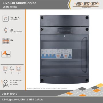 SEP Europe - Live-On SmartChoise, LS41a-400200, 40A, 3-fase groepenkast, 2-lichtgroepen, technische gegevens