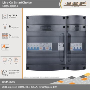 SEP Europe - Live-On SmartChoise, LS411a-400201-B, 40A, 3-fase groepenkast, 2-lichtgroepen, 1-krachtgroepen, 1-beltrafo, technische gegevens