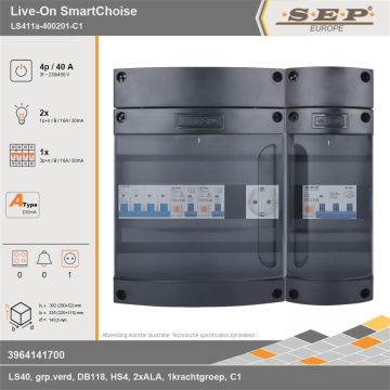 SEP Europe - Live-On SmartChoise, LS411a-400201-C1, 40A, 3-fase groepenkast, 2-lichtgroepen, 1-krachtgroepen,  1V-contactdoos, technische gegevens