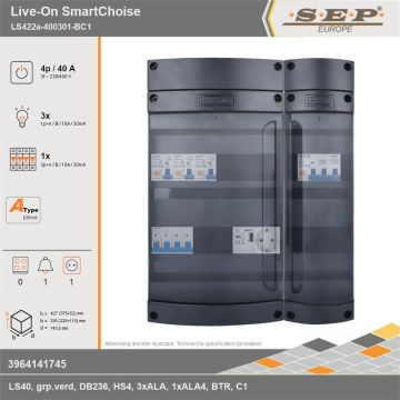 SEP Europe - Live-On SmartChoise, LS422a-400301-BC1, 40A, 3-fase groepenkast, 3-lichtgroepen, 1-krachtgroepen, 1-beltrafo,  1V-contactdoos, technische gegevens