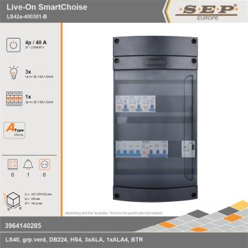 SEP Europe - Live-On SmartChoise, LS42a-400301-B, 40A, 3-fase groepenkast, 3-lichtgroepen, 1-krachtgroepen, 1-beltrafo, technische gegevens