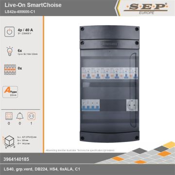 SEP Europe - Live-On SmartChoise, LS42a-400600-C1, 40A, 3-fase groepenkast, 6-lichtgroepen,  1V-contactdoos, technische gegevens