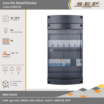 SEP Europe - Live-On SmartChoise, LS42a-410600-FB, 40A, 3-fase groepenkast, 6-lichtgroepen, 1-fornuisgroep, 1-beltrafo, technische gegevens
