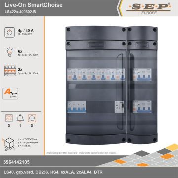 SEP Europe - Live-On SmartChoise, LS422a-400602-B, 40A, 3-fase groepenkast, 6-lichtgroepen, 2-krachtgroepen, 1-beltrafo, technische gegevens