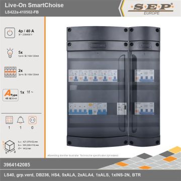 SEP Europe - Live-On SmartChoise, LS422a-410502-FB, 40A, 3-fase groepenkast, 5-lichtgroepen, 2-krachtgroepen, 1-fornuisgroep, 1-beltrafo, technische gegevens