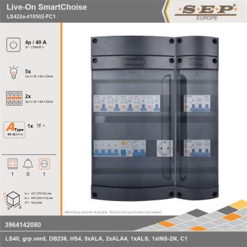 SEP Europe - Live-On SmartChoise, LS422a-410502-FC1, 40A, 3-fase groepenkast, 5-lichtgroepen, 2-krachtgroepen, 1-fornuisgroep,  1V-contactdoos, technische gegevens