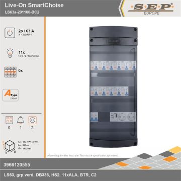 SEP Europe - Live-On SmartChoise, LS63a-201100-BC2, 63A, 3-fase groepenkast, 11-lichtgroepen, 1-beltrafo,  2V-contactdoos, technische gegevens