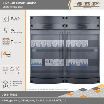 SEP Europe - Live-On SmartChoise, LS64a-401002-BC2, 63A, 3-fase groepenkast, 10-lichtgroepen, 2-krachtgroepen, 1-beltrafo,  2V-contactdoos, technische gegevens