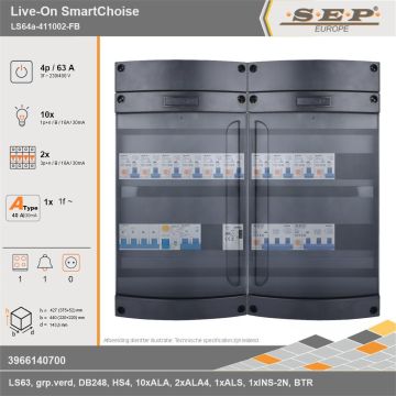 SEP Europe - Live-On SmartChoise, LS64a-411002-FB, 63A, 3-fase groepenkast, 10-lichtgroepen, 2-krachtgroepen, 1-fornuisgroep, 1-beltrafo, technische gegevens